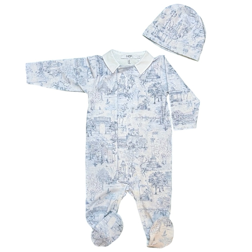 Baby Dior All-Over Patterned Long-Sleeved Babygrow with hat